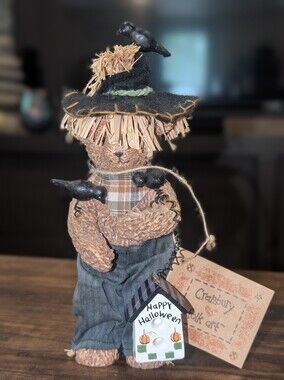 Cranbury Folk Art Rustic Primitive Halloween Scarecrow Bear Figurine & Crows